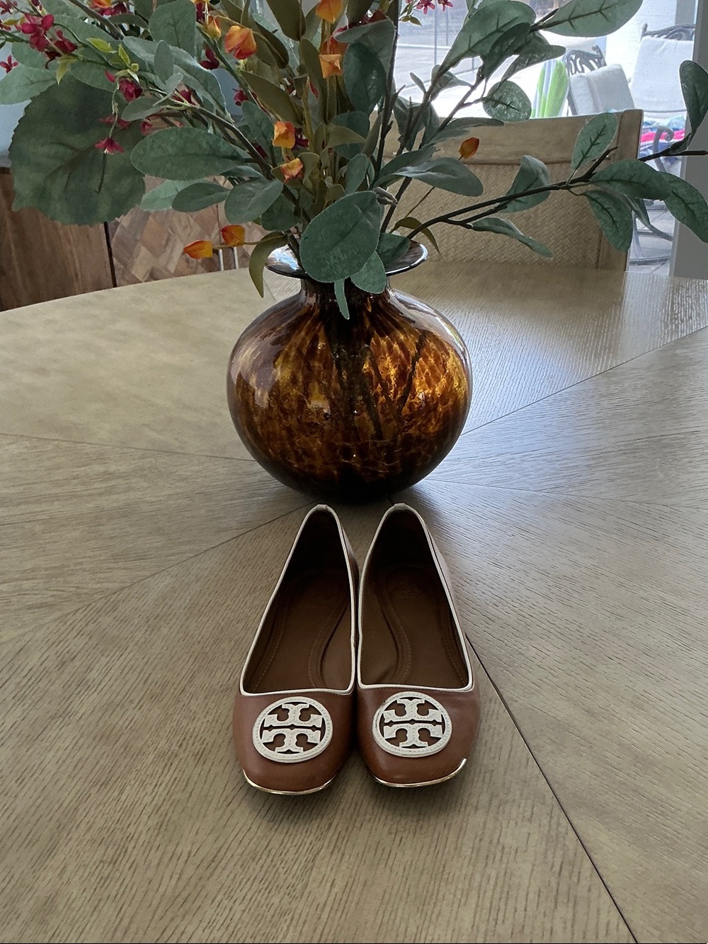 Tory Burch Chestnut Brown Leather Logo Ballet Flats with Cream Trim